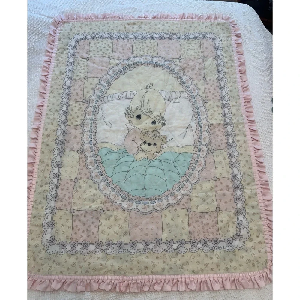 Vintage Baby Quilt Precious Moment‎ Reversible Pink Bunny Teddy Bear 36 X 48